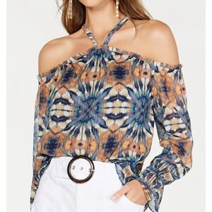 Ink tie-dyed cold shoulder blouse